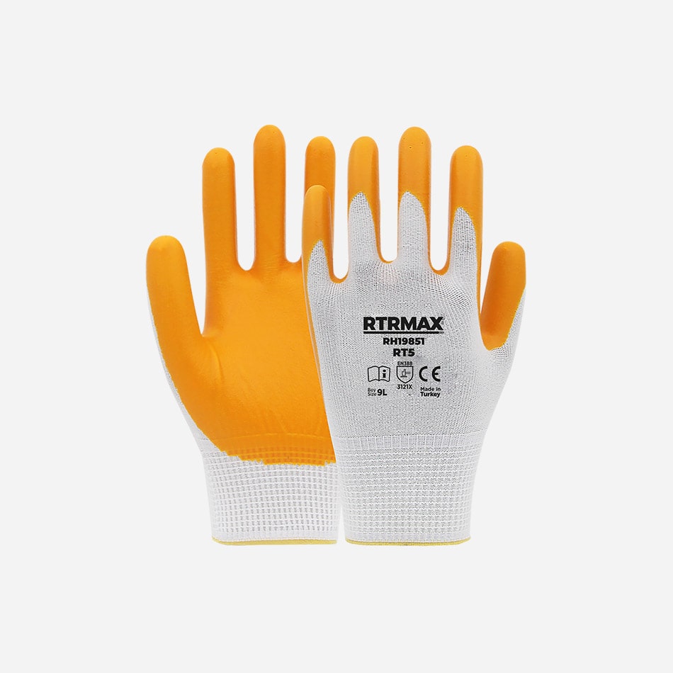 RTRMAX RH19851 NITRIL KAPLI POLYESTER ELDIVEN RT5 BEYAZ SARI NO:9